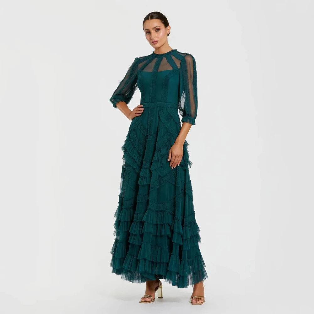 Customized Green Tulle High Quality Evening Dresses O-neck for Floor-Length Tiered A-line for Formal Evening Vestidos De Fiesta