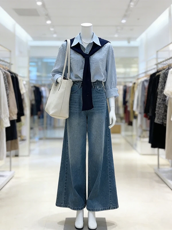 Large Size Spring Design Shoulder Shawl Shirt High Waist Wide Leg Jeans Three Piece Set Women's Fashion Casual Wear view 2