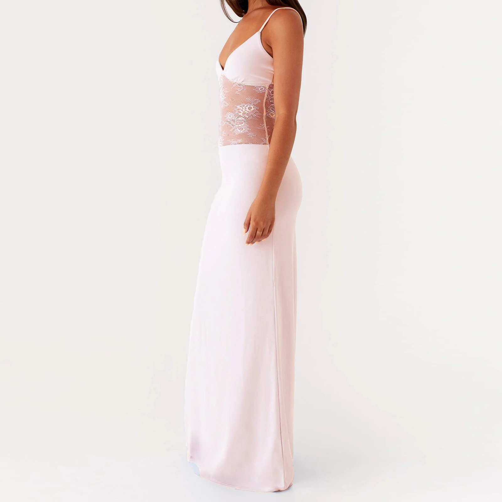 Elegant Women's Bodycon Cami Dress Sleeveless Spaghetti Strap Sheer Lace Patchwork Long Dress Summer Party Dress