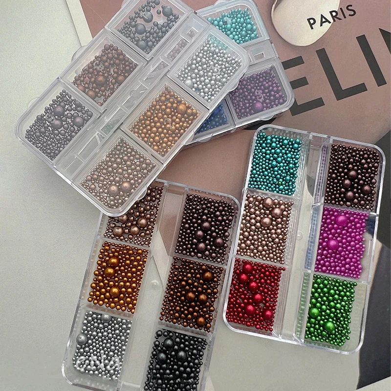 6 rejillas 3D de perlas de resina mezcladas, dijes para uñas, diamantes de imitación navideños coloridos, cuentas redondas rojas y verdes, joyería, decoración de manicura