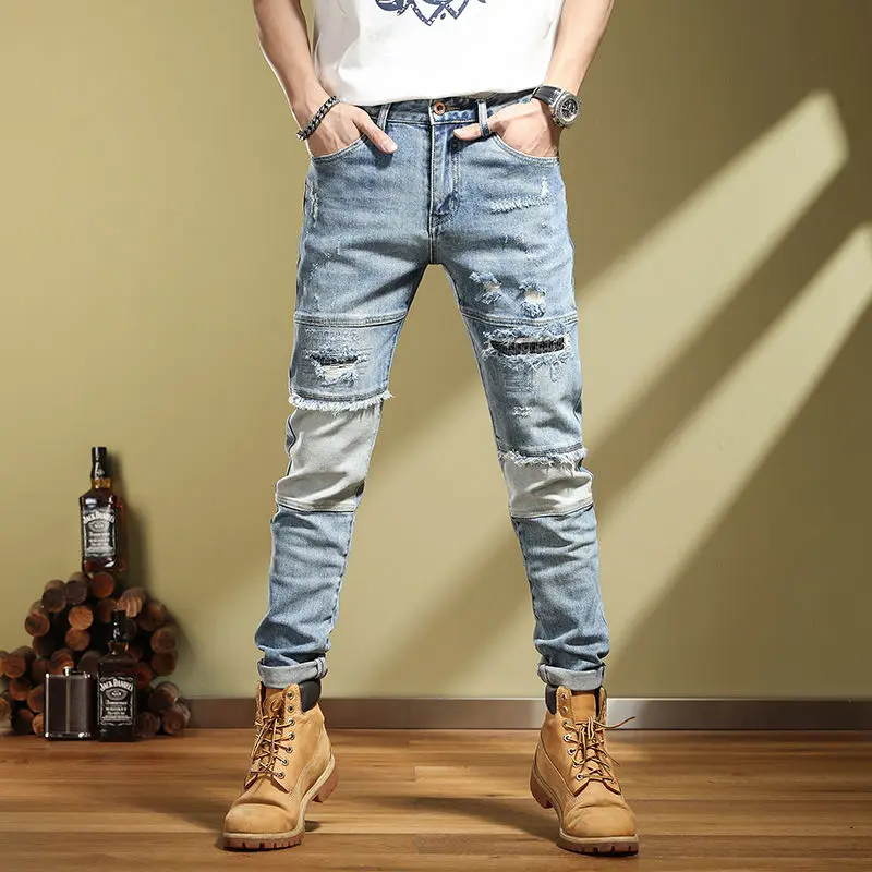 

2023 New Spring Vintage Spliced ripped Slim Fit Elastic Youth Little Foot Beggar Jeans for Men ripped jeans cargo jeans