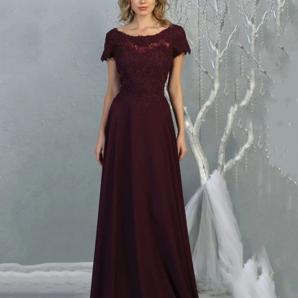 

Mother Dresses Vintage Chiffon Customized A Line Bride Party Dress Lace Formal Occasion Gown Short Sleeves robes invitée mariage
