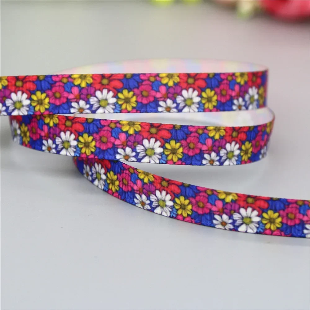 DHK 3/8\'\' 5yards Floral Flowers Printed Grosgrain Ribbon Accessories Material Decoration Collar DIY Sewing Craft C2631