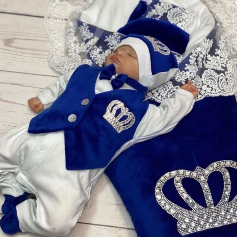 Royal Blue Velvet Baby Romper Outfits Set Welcome Home Nursery Infant Nest Luxury Crown Receiving Blanket Outfit Set