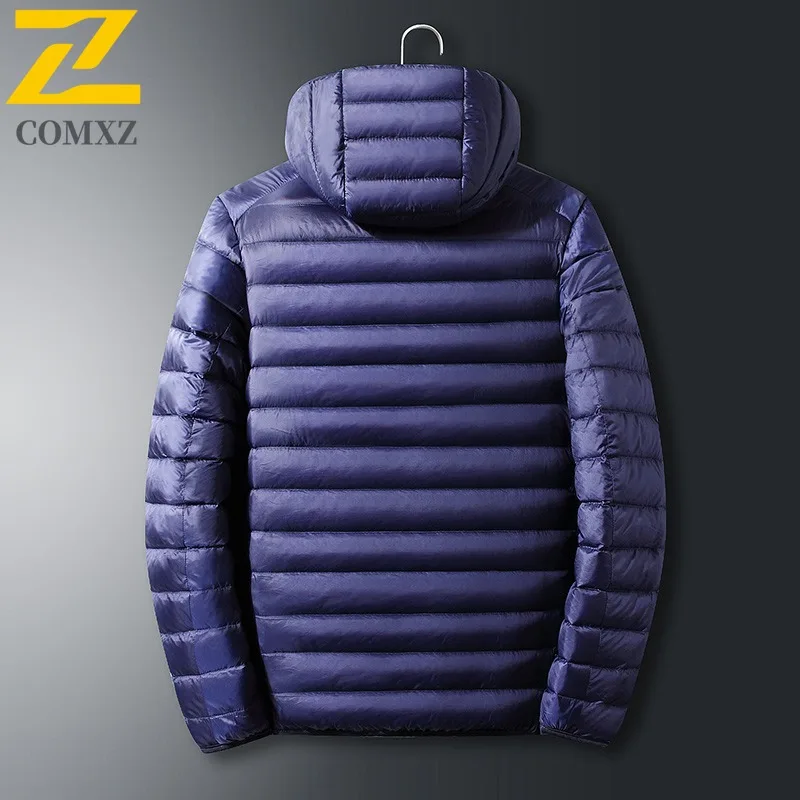 COMXZ Men's Down Jacket Short Trendy Lightweight Casual Skiing Puffer Jacket Street Versatile Solid Color Hooded Winter Jacket