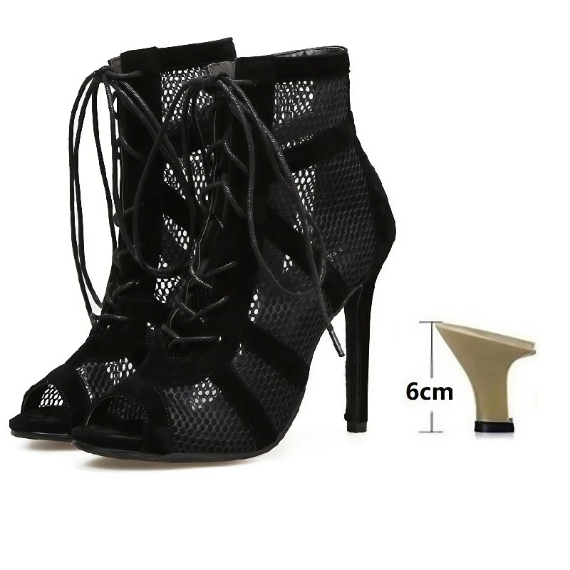 Preto sexy rendas até cross-amarrado sapatos femininos conforto de alta qualidade saltos finos dedo do pé aberto sandálias de dança tornozelo cinta oco para fora bombas