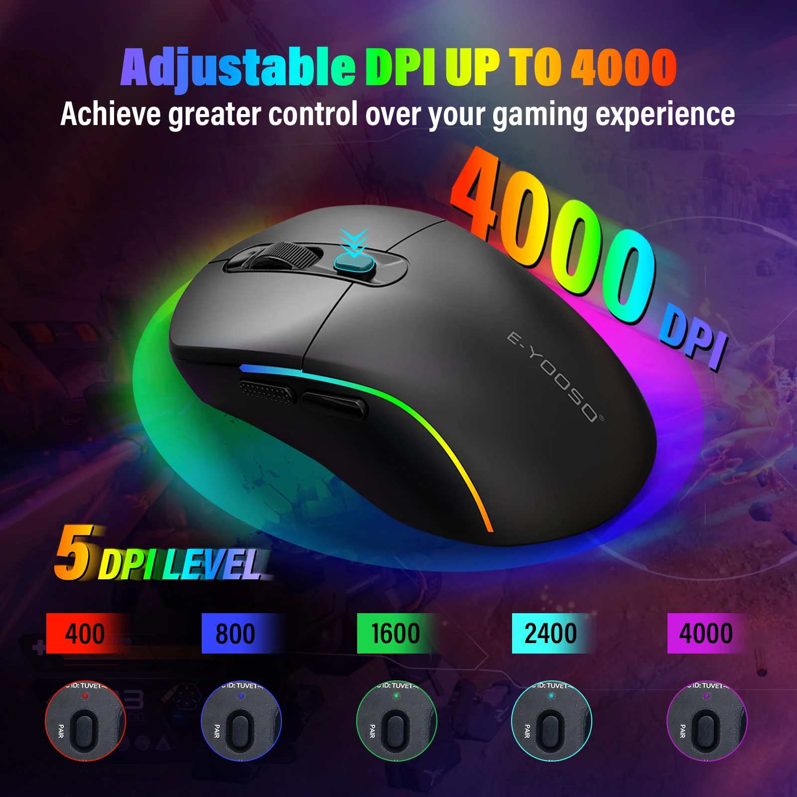 E-YOOSO Wired 2.4G Wireless Tri-Mode RGB Gaming Mouse, 4000DPI Rechargeable with Sleep Mode For PC Computer iPad Laptops