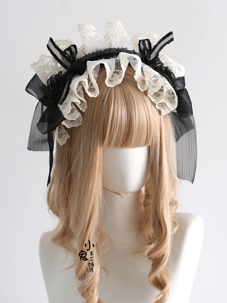 Accesorios para el cabello de Lolita, diadema de sirvienta Y2K con lazo dulce y volantes, tocado de disfraz de Cosplay de Anime