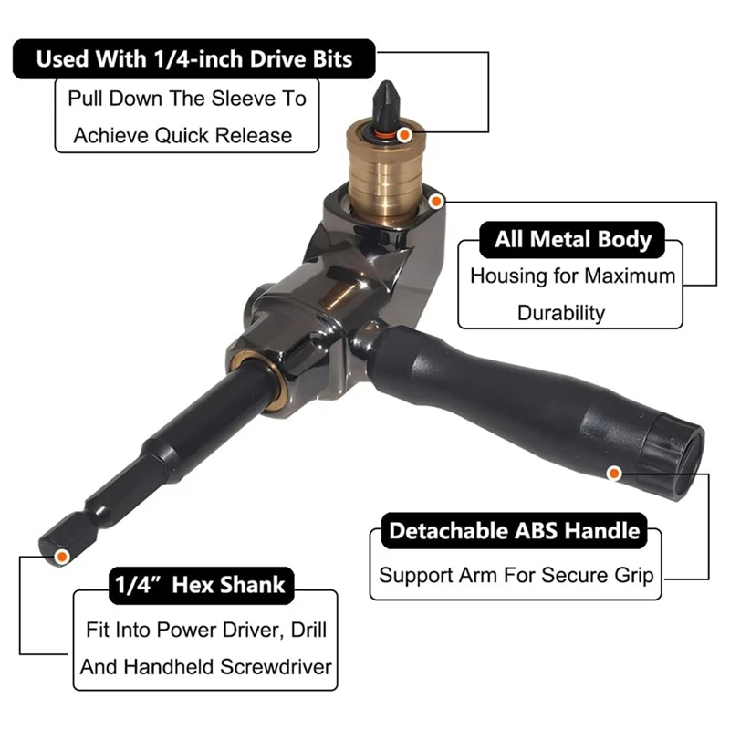 Right Angle Drill Attachment, All Metal Body 90 Degree Drill Adapter With Detachable Handle, Drill Bit Corner Adapter Durable