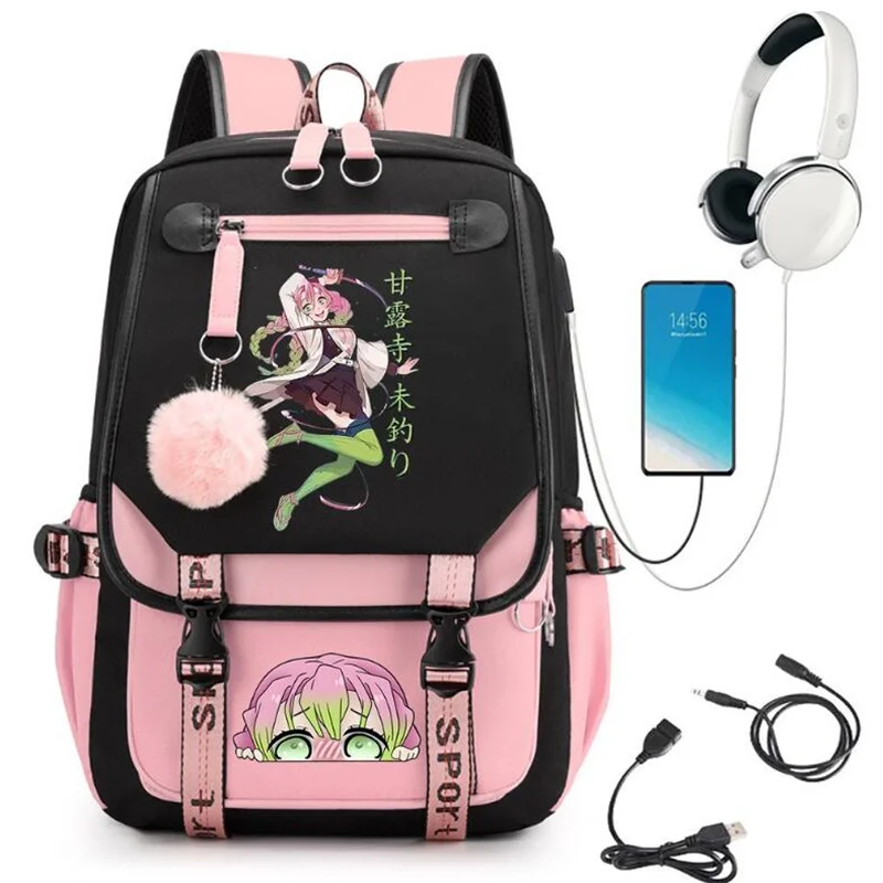 

Demon Slayer Kanroji Mitsuri Backpacks Teenarges Schoolbag Anime USB Charge Laptop Travel Outdoor Bag Color Blocking Mochila