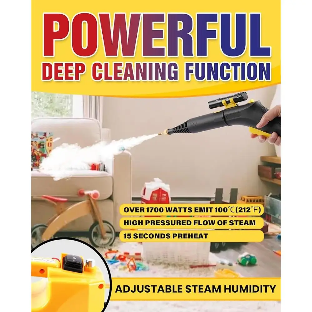 منظف بخار محمول بقوة 1700 وات، منظف محمول بالضغط العالي مع التحكم في الزناد 239 ℉   تسخين سريع 6 ملحقات فرشاة للاستخدام المنزلي
