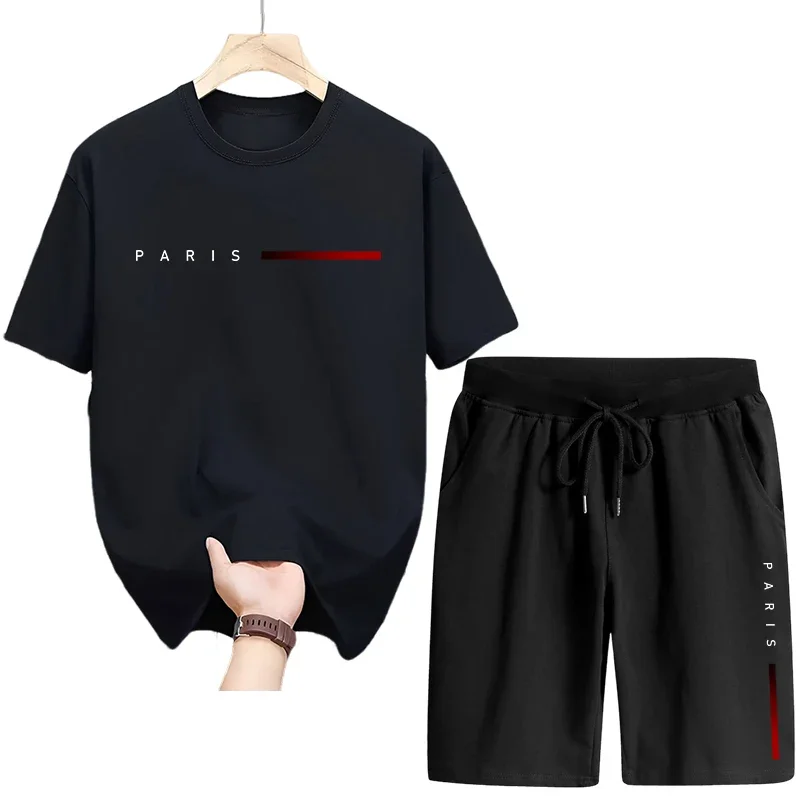 الصيف Hot البيع الرجال مجموعة عالية الجودة القطن الخالص تي شيرت سريعة الجافة السراويل باريس موضة مطبوعة رياضية الذكور ملابس غير رسمية