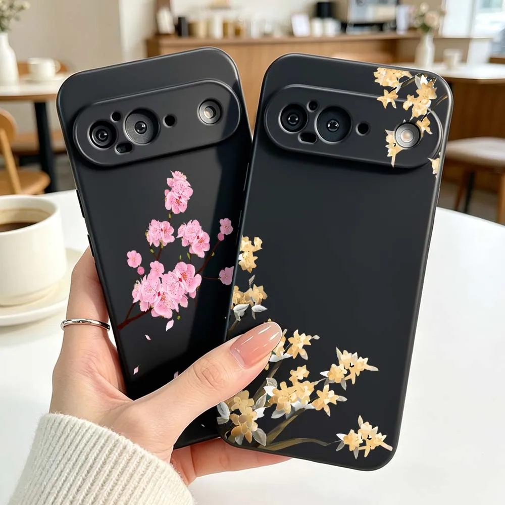 

Pink Plum Blossom Pattern For Google Pixel 6 6A 7 7A 8 8A 9 10 10A Pro XL 2024 5G Black Soft Silicone Cover Phone Case