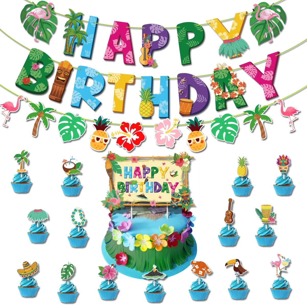 Hawaiian Birthday Party Decoration Cartoon Flamingo Coconut Tree Birthday Banner Cake Toppers Summer Beach Hawaii Party Decor