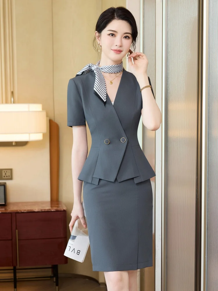 

Blue Profional Suit Set for Women Summer High End Hotel Front Desk Reception Workwear Beau Salon orm Slim Fit Sle