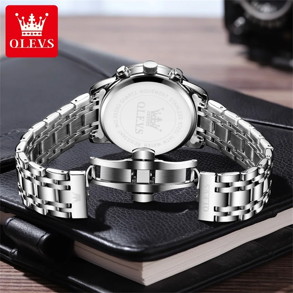 2024 OLEVS Top Brand Men\'s Watches Luxury Silver Blue Quartz Wristwatch Waterproof Luminous Moon Phases Watch for Men Date Clock