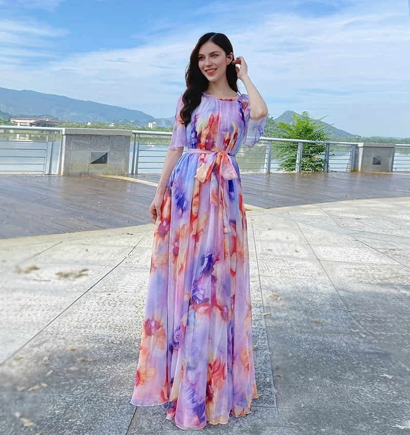 Plus Size Bohemian Beach Sundress Flying Clothing Chiffon Loose  Elegant Vestido Robes Lady Holidays Prom Long Dress Belt Which