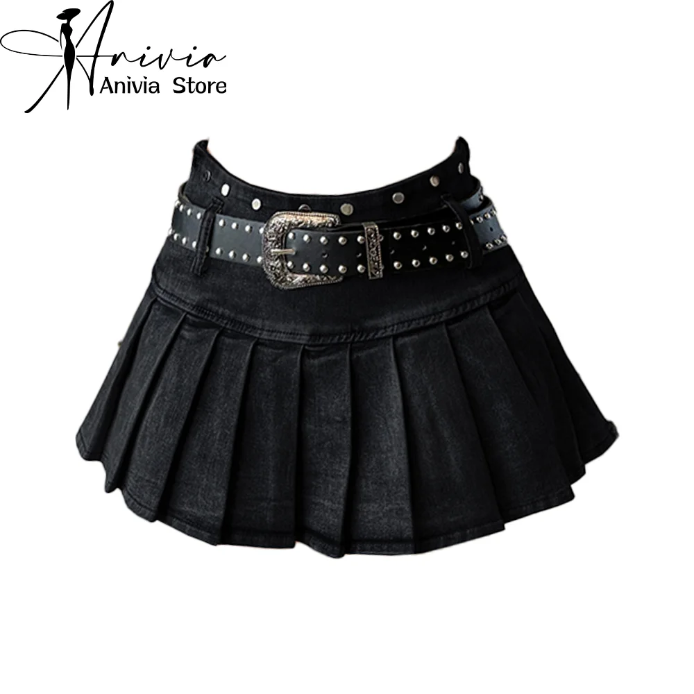 

Women's Black Gothic Rivet Denim Mini Skirt Baggy Y2K Harajuku High Street A-Line Sexy Short Skirts Fashion Streetwear Clothing