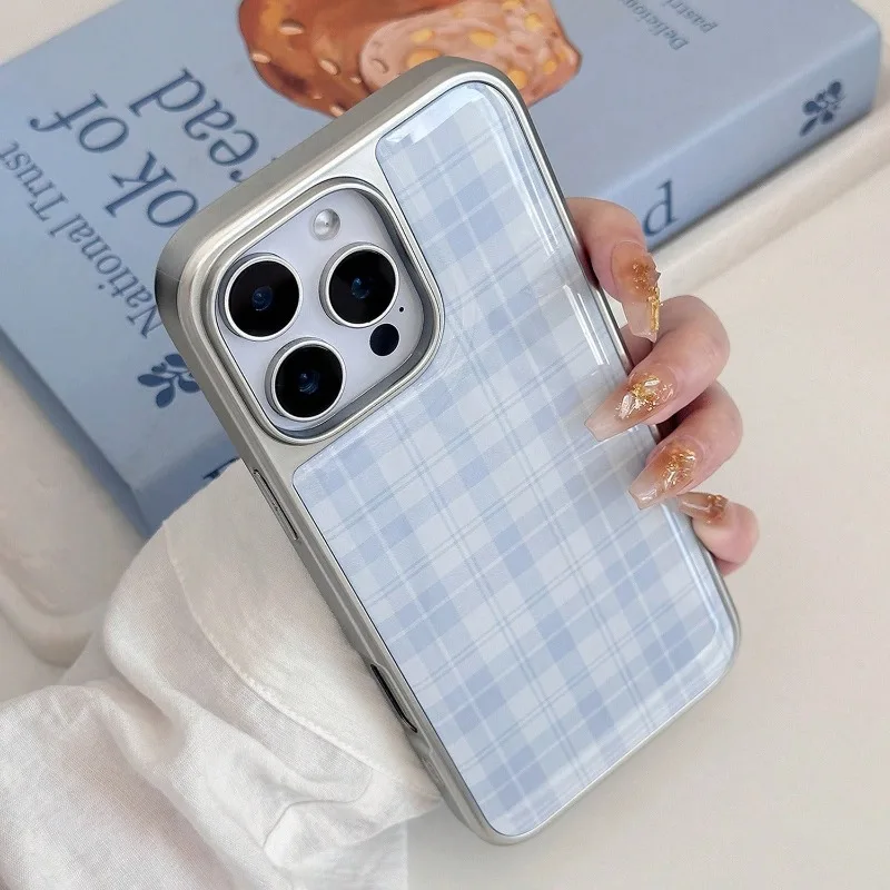 Retro blauer Himmel Plaid Silber Rand Handyhülle TPU Anti-Drop Handyhülle für iPhone XR/11/12/13/14/15/16/17 Pro Max Handyhülle