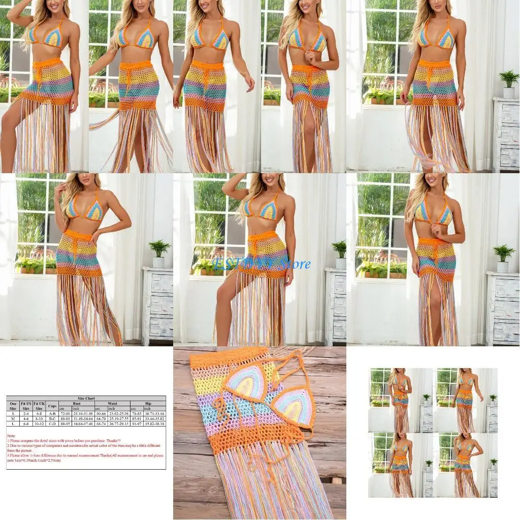 

G6DE Женщины 2шт Сексуальный Радужный Купальник Накидка Вязание крючком Сетка Холтер Топ Юбка с Кисточками