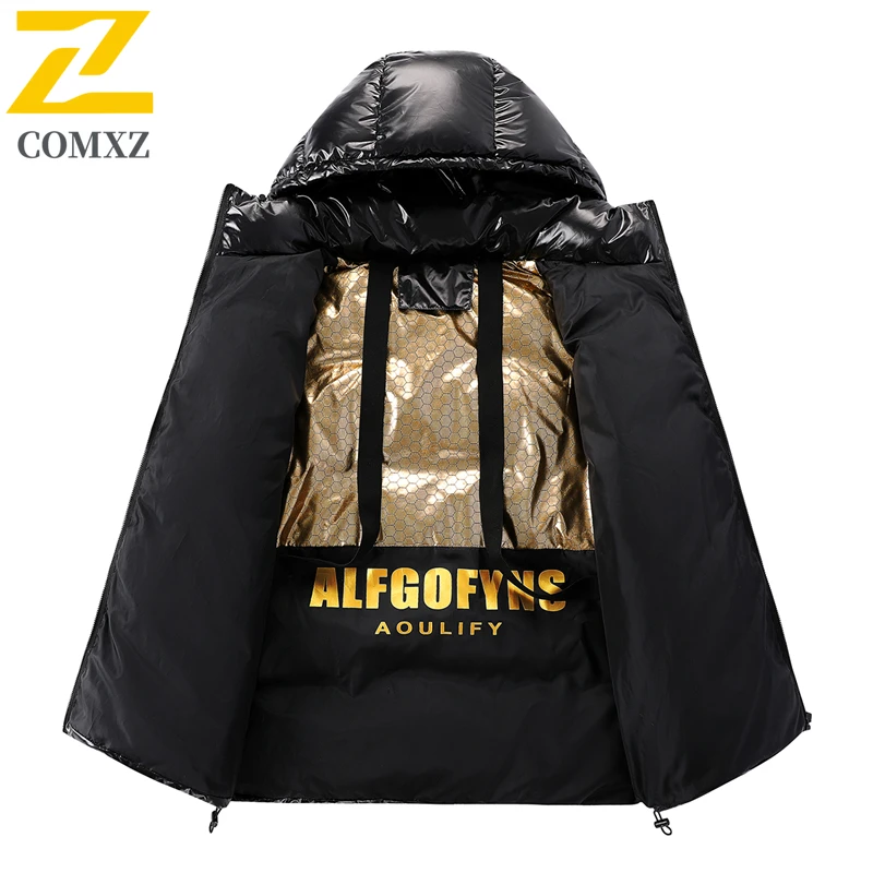 Brand Winter Jacket Men's Luxury Black Gold Shiny Waterproof Down Cotton Padded Coat Women Korean Thick Hooded Puffer Jacket Ski