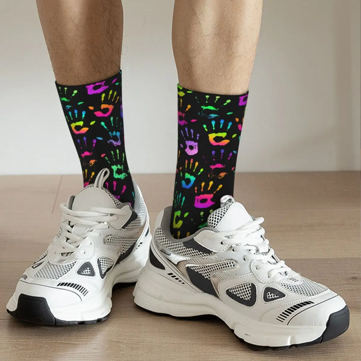 Casual Hip Hop Graffiti Rainbow Handprints Theme Sports Crew Socks Merch All Seasons Warm Middle Tube Socks Non-slip