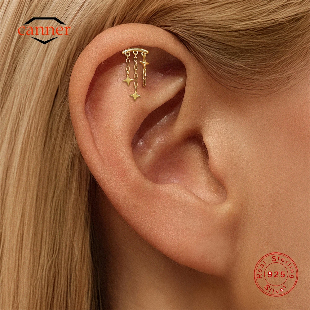 

CANNER 1PC 925 Sterling Silver Tassel Four Pointed Star Puncture Earring Women Ins Long Chain Star Moon Piercing Drop Earring