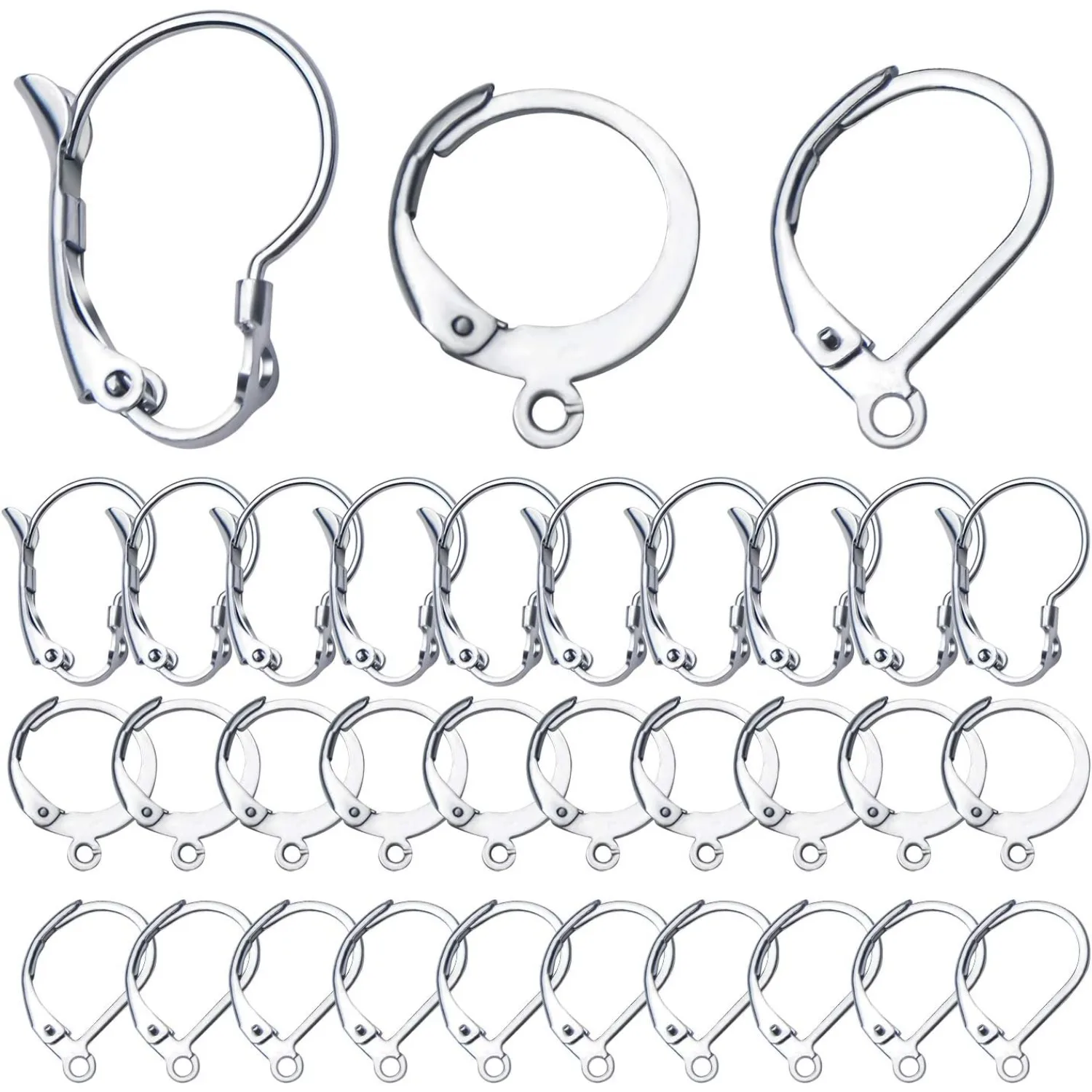 

30pcs Stainless Steel Leverback Earrings Hooks: Round, Oval, Gourd - Silver