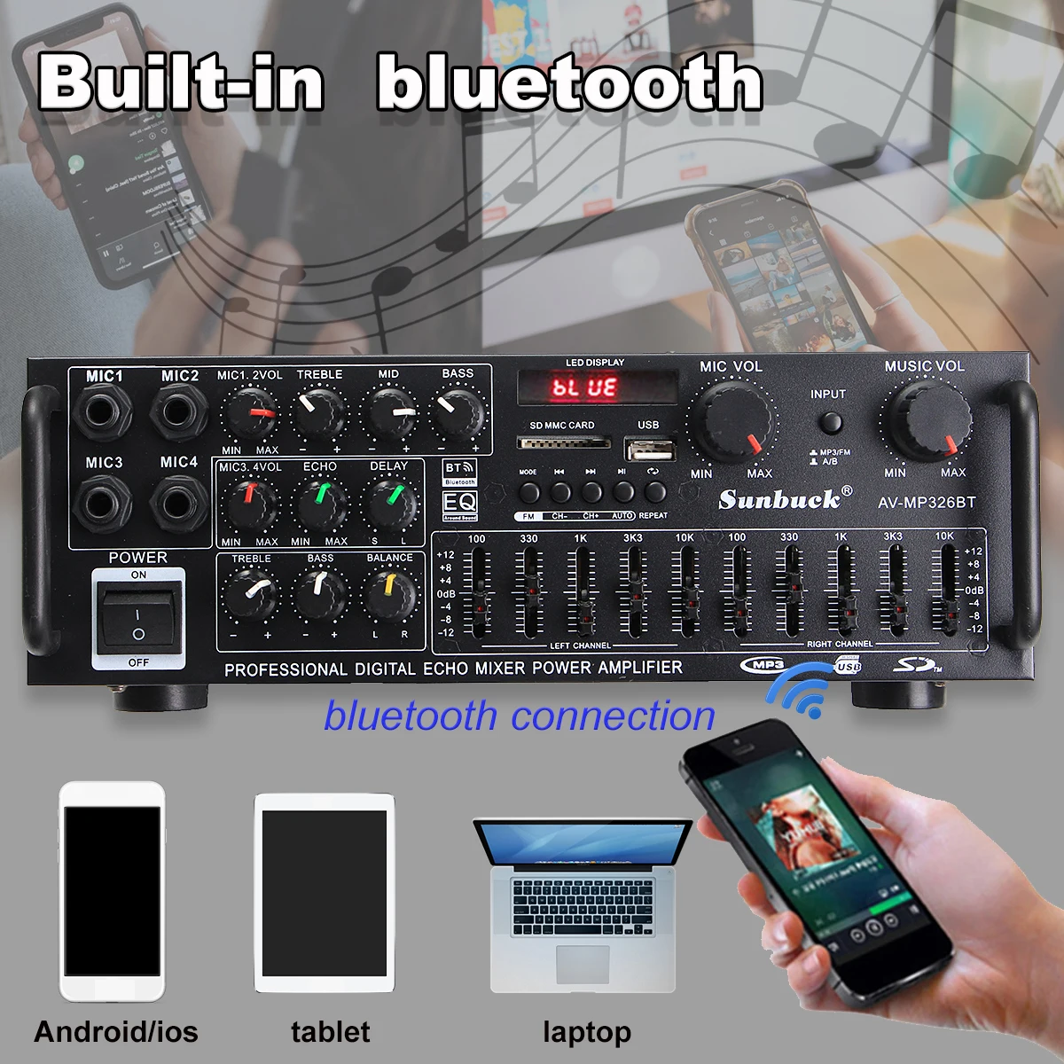 가정용 차량용 블루투스 사운드 앰프, 지지대 마이크 입력, USB SD FM AUX 디지털 오디오 스테레오 앰프 스피커, 12V, 220V