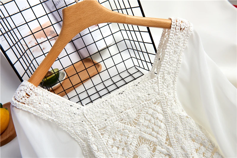 Boho Crochet Knit Blouse with Chiffon Sleeve Square Collar Shirts Sheer Tops Women Spring Summer Vacation Beach Wear