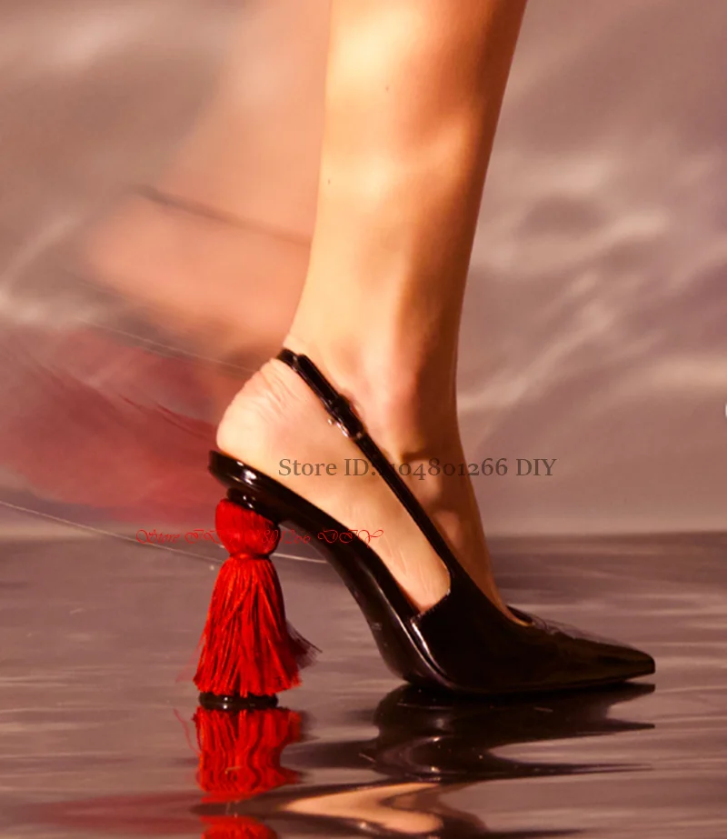 Women Clean Patent Leather Pointed Toe Sculptural Tassel high Heeled Slingback Pumps Party Club Prom Shoes