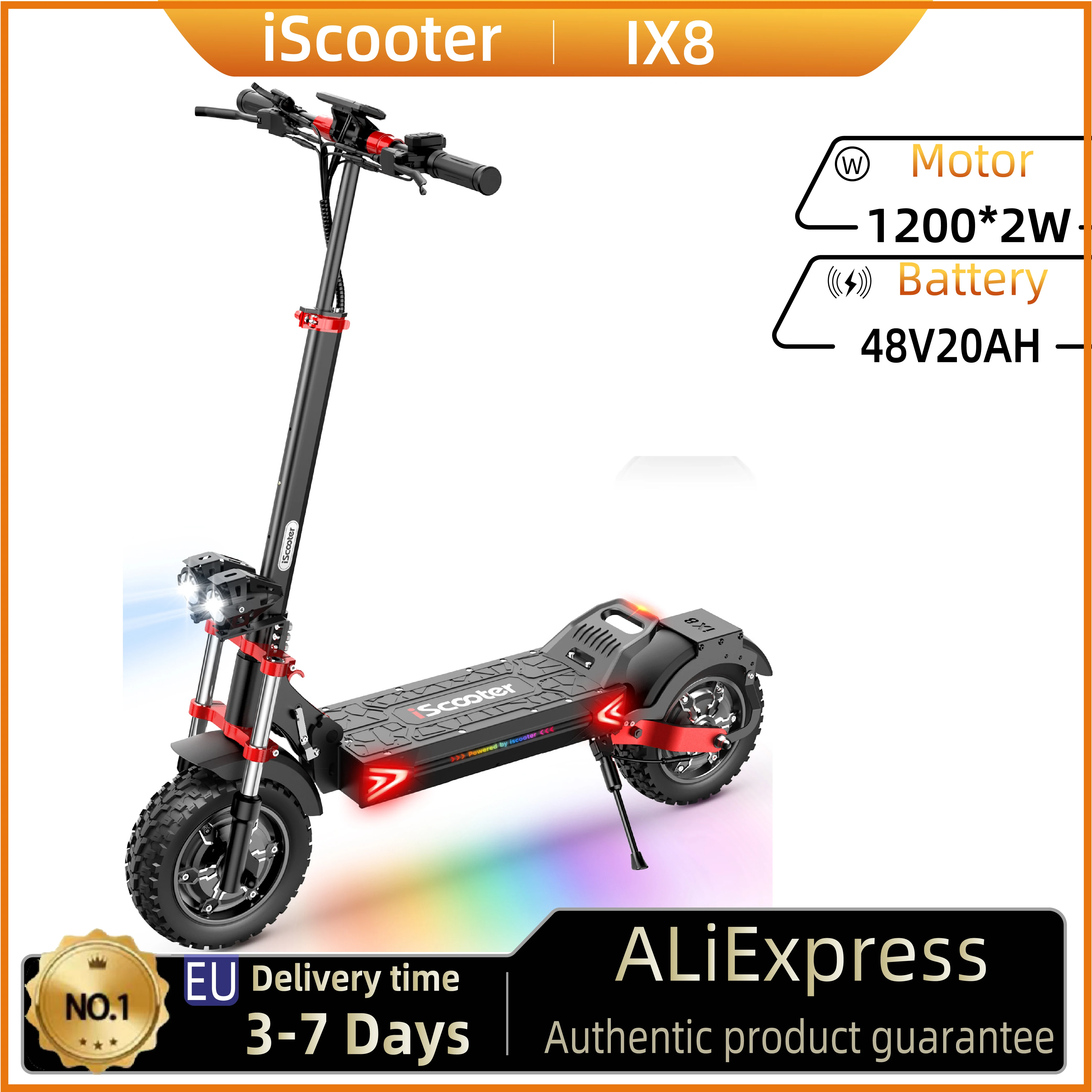 Trottinette électrique iScooter iX8, moteur 2*1200W, batterie 48V 20AH, pneus de 12 pouces, freins à disque hydrauliques doubles, suspension avant et arrière