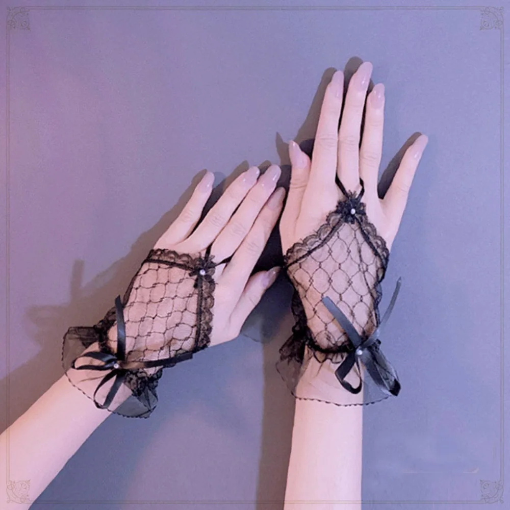Women's Lace Short Gloves Bride's Wedding Lolita Style Mesh Sleeves Handmade Ribbon Bow Hook Finger Adhesive