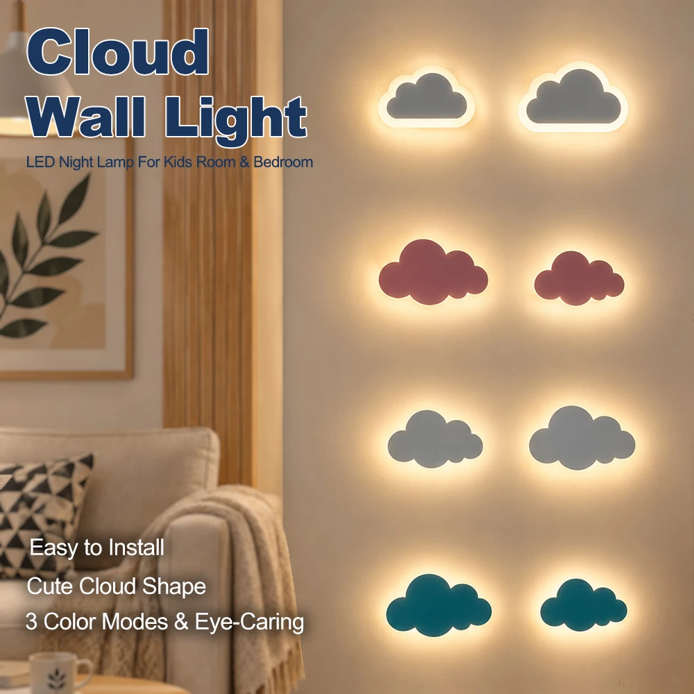 LED Cloud Wall Light Night Lamp 3-Color Dimmable Cartoon Wall Sconce for Kids Room Bedroom Nursery Home Decor Cute Gift