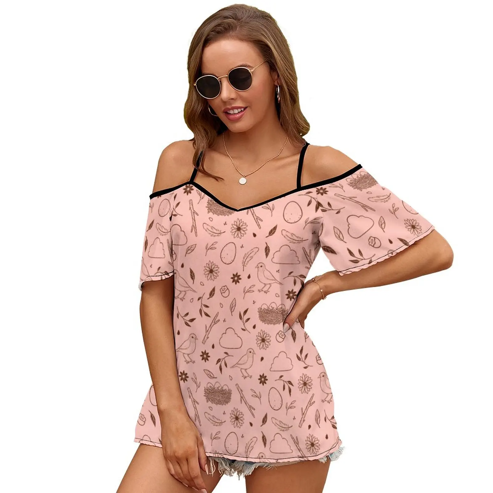 Robin Egg Pink Print O-Neck Off-The-Shoulder Top Short-Sleeved T-Shirt Ladies Streetwear Bird Birds Robin Robins Flower Floral