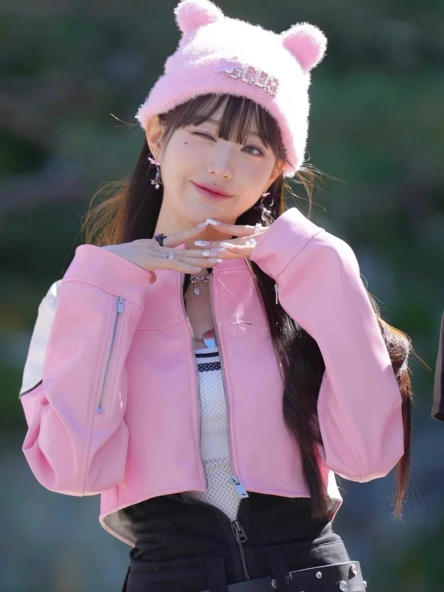 Kurtka damska Zhang ng Korean Sle Retro ort PU Leather Jaet Zipper Long Sve Slim Fit, różowo-biała, blok kolorów