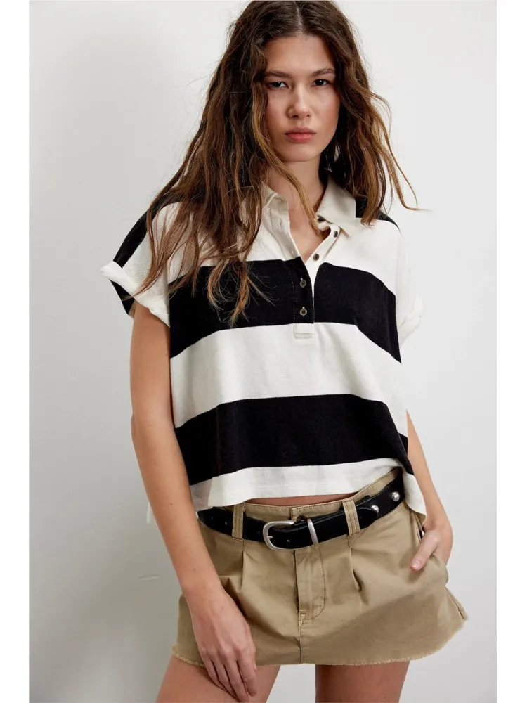 

Casual Striped Women's Loose Short Sleeve T-Shirt 2026 Summer New Style Popular Polo Regular Sleeve Lapel Top Female