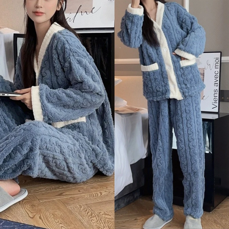 2 unids/set de pijamas de otoño e invierno para mujer, acolchado grueso, cálido, estudiantes, Coral, niñas, traje de terciopelo, ropa de casa, cárdigan, pantalones
