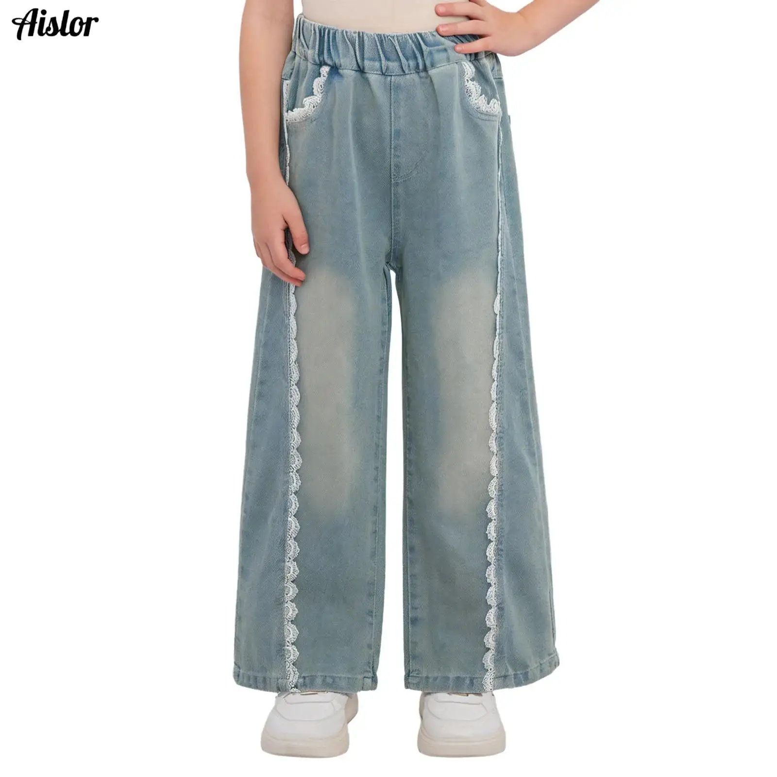

French Design Teen Girls Lace Denim Jeans Contrasting Trim Denim Wide Leg Pants 4-14 Junior Kid Clothes Child Vacation Outfits