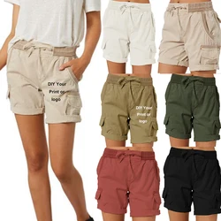 Women Logo Customized Shorts Elastic Cotton Linen Pocket Shorts Summer Beach Solid Color Sliming Comfot Breathable