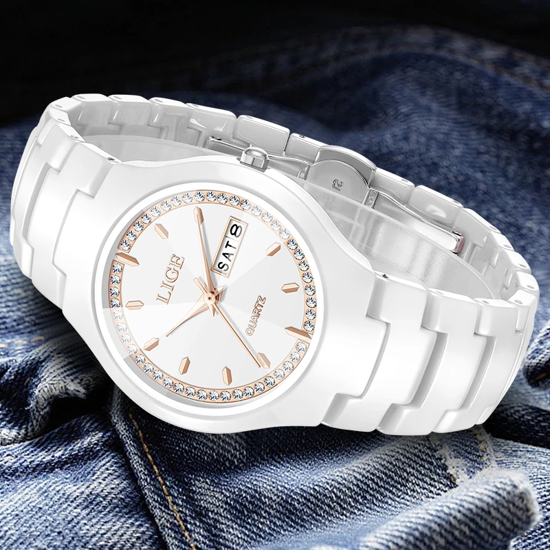 

LIGE 2026, роскошные женские часы, модные кварцевые наручные часы с бриллиантами, водонепроницаемые керамические часы с датой и неделей, женские подарки Reloj Hombre