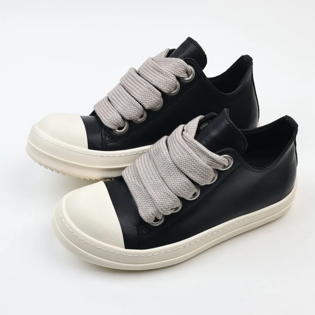 Best Version RICKDRK Brand Designer Low-Cut Genuine Leather Sheepskin Wide Shoelaces High Street Shoes Sneakers Men Women