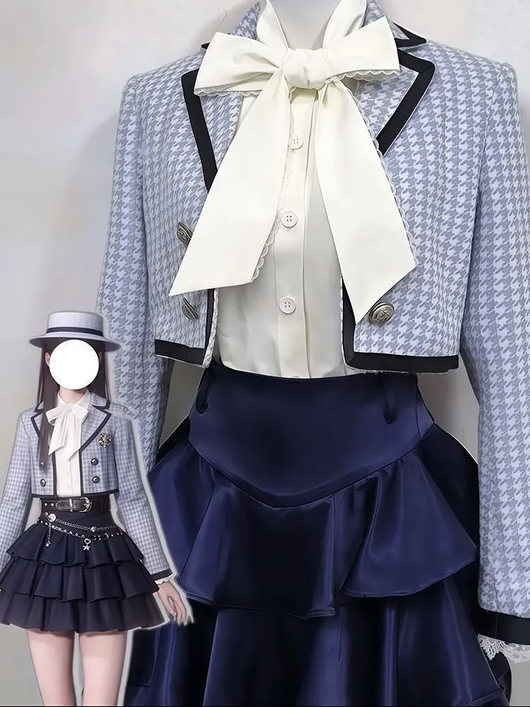 

Японский комплект в студенческом стиле из 3 предметов: элегантный клетчатый блейзер, рубашка с бантом и юбка с рюшами. Весенне-осенний костюм для ролевых игр.
