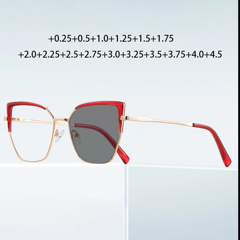 

New Red Photochromic Reading Glasses Women Cat Eye Alloy Resin Reader Sunglasses With Diopter +0.25 +0.5 +0.75 +3.75 +4.0 +4.5