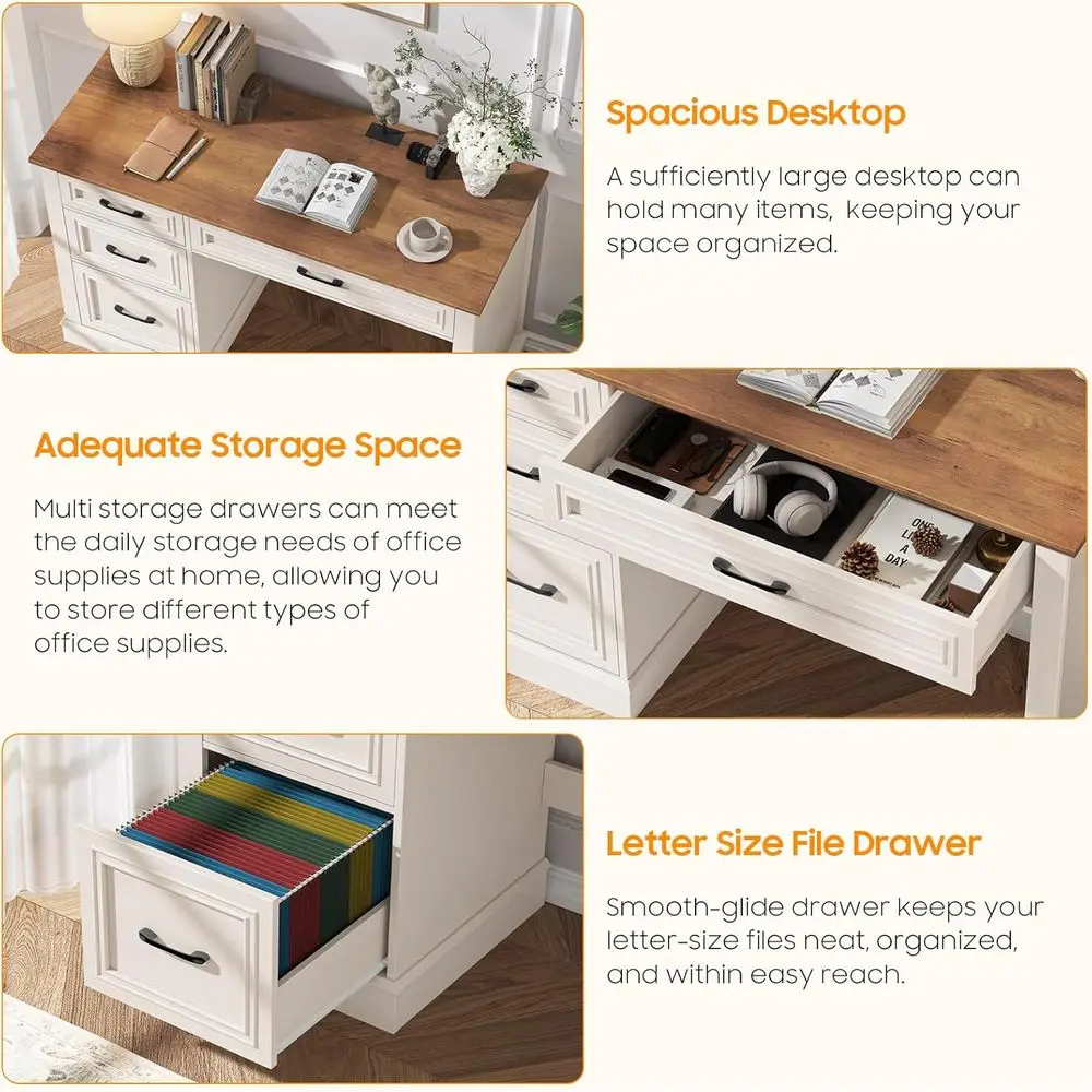 Farmhouse 47" Executive Desk with 3 Drawers and Adjustable File Drawer, Workstation Computer Desk for Home Office, Study, Unique