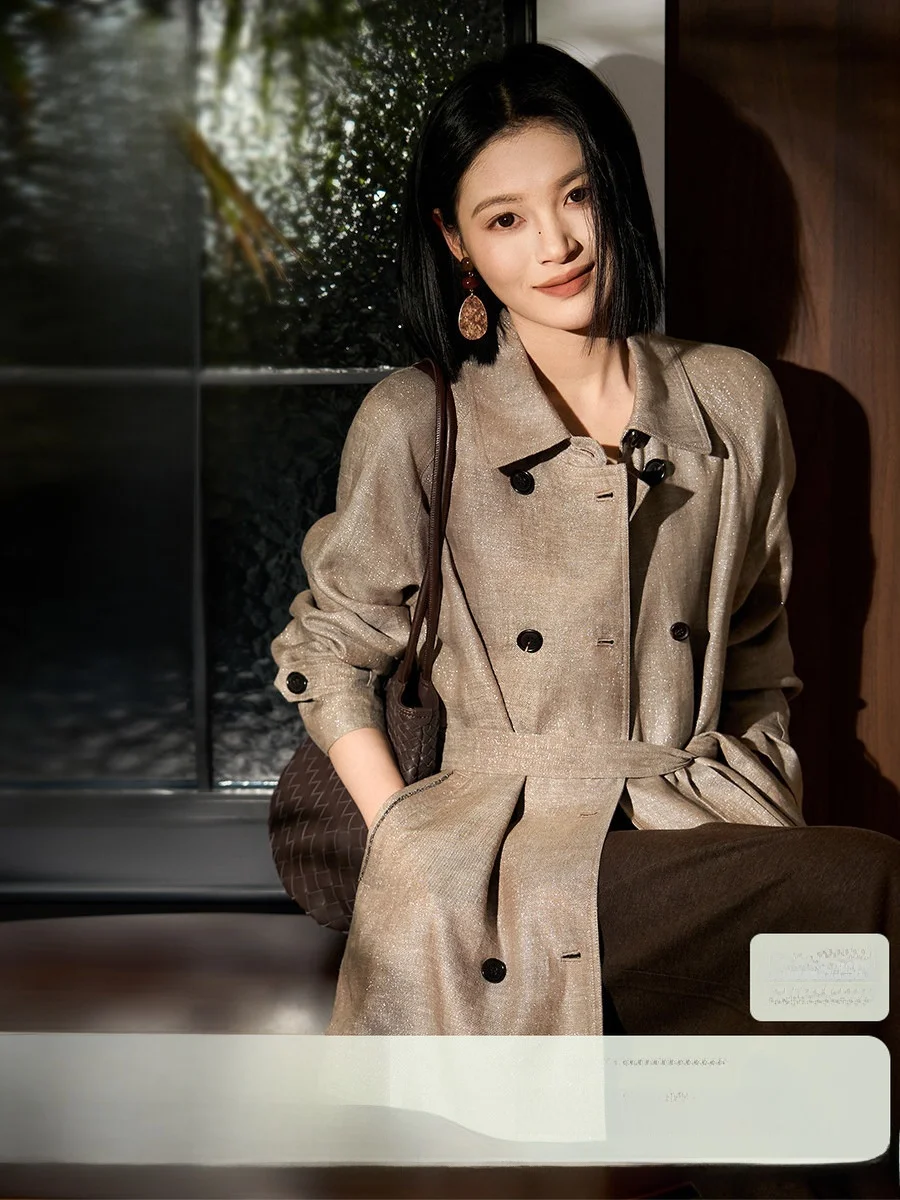 

Женское короткое двубортное льняное пальто Xhange с поясом, серия Color-Woven Amber Galaxy, модная деловая повседневная одежда