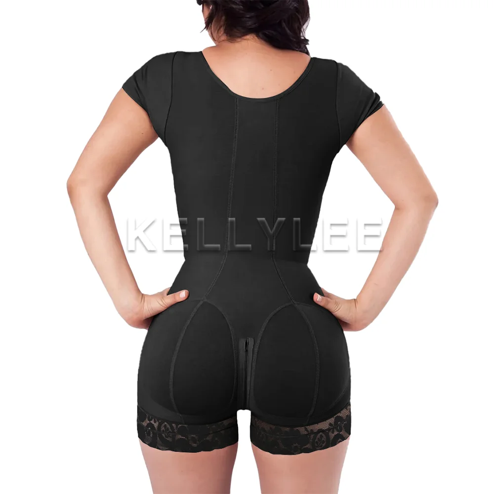 Open-Chest Half-Sleeve Smooth Tummy Control Shapewear Postpartum Fajas Colombianas Shapewear with Zipper Modeling Soft Home Wear