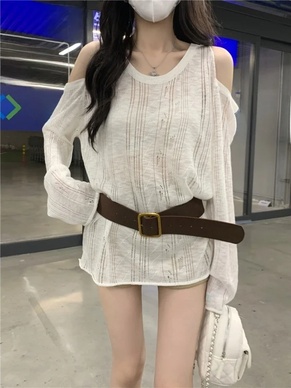 

White oulder-baring Long Sve Knitted T-irt Women's Loose Summer Sunade Cover-up Comfortable Lazy Top Design Sensation