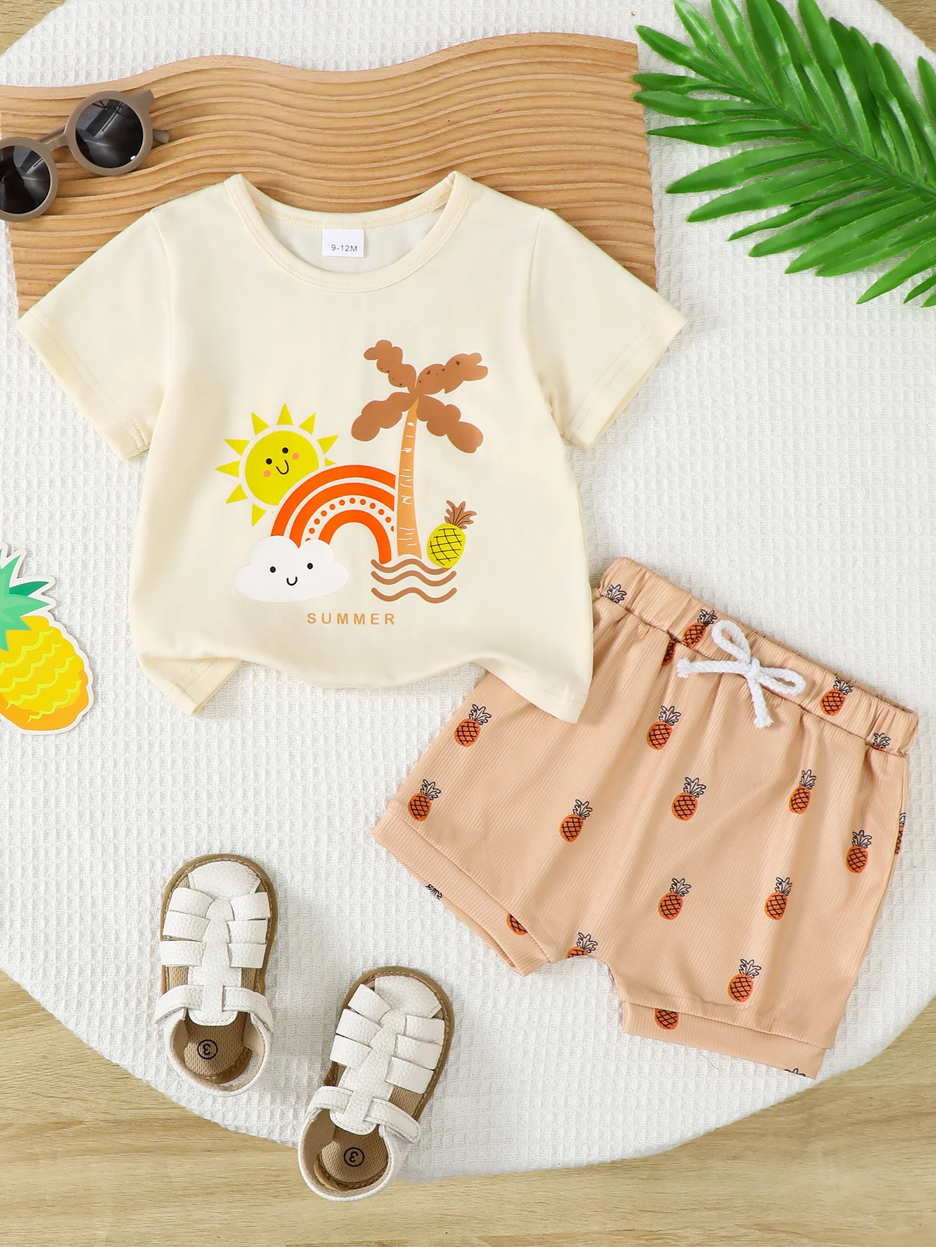 

Apricot Round Neck Regular T-Shirt Elastic Waist Fake Drawstring Fruit Print Cute Shorts Baby Boys Short Sleeve Set
