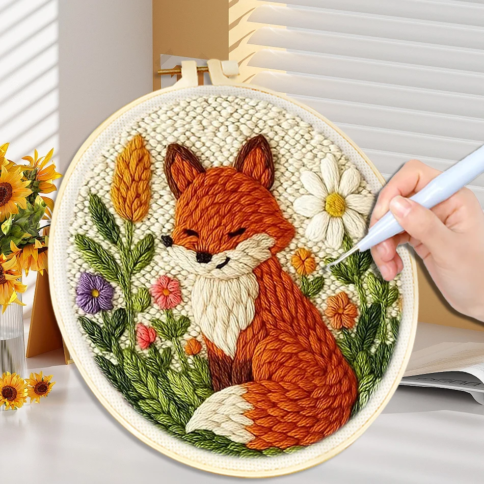 

DIY Punch Needle Embroidery Kit Fox Animal Pattern Starter Kit Magic Tufting Set Poking with Yarn Cross Stitch Tools For Knittin
